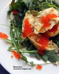 Паста ракушки с муссом из семги, маскарпоне, руколы и красной икрой