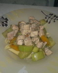 Паста с двумя видами свинины и овощами