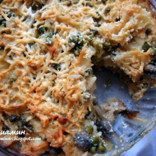 Рецепт пасты, запеченной с шампиньонами, зеленым горошком и сливочно-творожным соусом