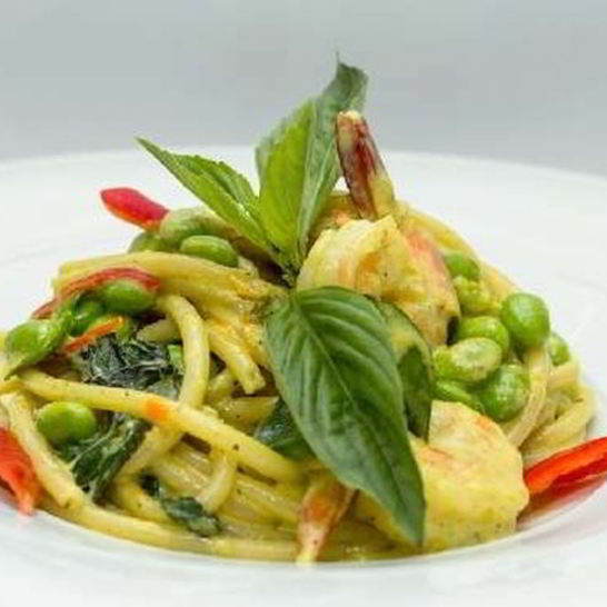 Рецепт спагетти с креветками и сладким горошком