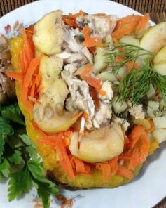 Тыква запеченная с курицей и яблоками