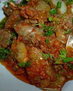 Куриная печень с белыми баклажанами