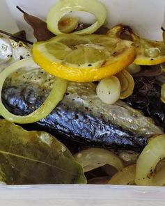 Скумбрия с лимоном и луком в духовке