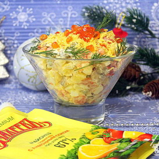 Рецепт салата оливье с семгой и красной икрой