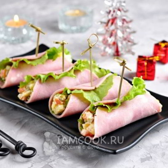 Рецепт салата-закуски оливье в ветчине