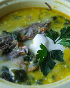 Зеленый борщ с крапивой, черемшой и шпинатом на говяжьем бульоне