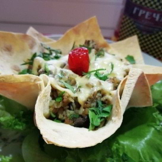 Рецепт гречи с печенью в корзинке из лаваша