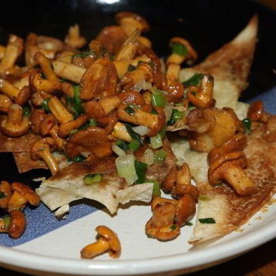 Рецепт грибов с пармезаном и зеленым луком на чипсах из лаваша