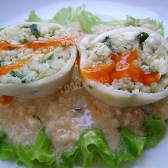 Рецепт фаршированных кальмаров с рисом и яйцом