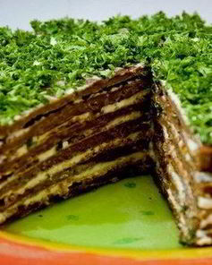 Печеночный торт со сметаной и зеленью